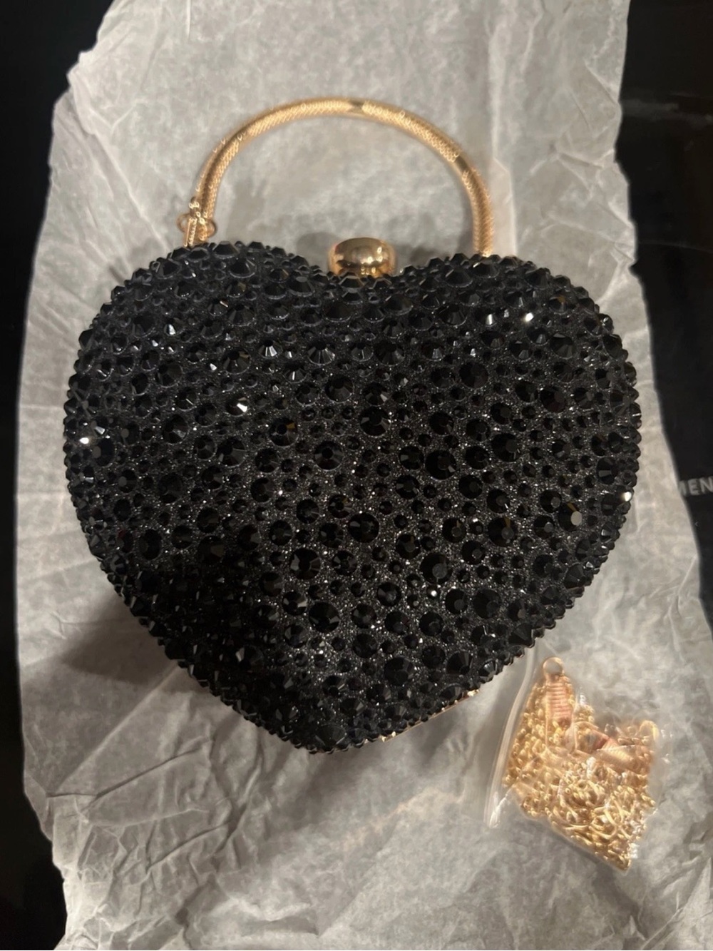 Black Crystal Heart Evening Clutch with Gold Handle